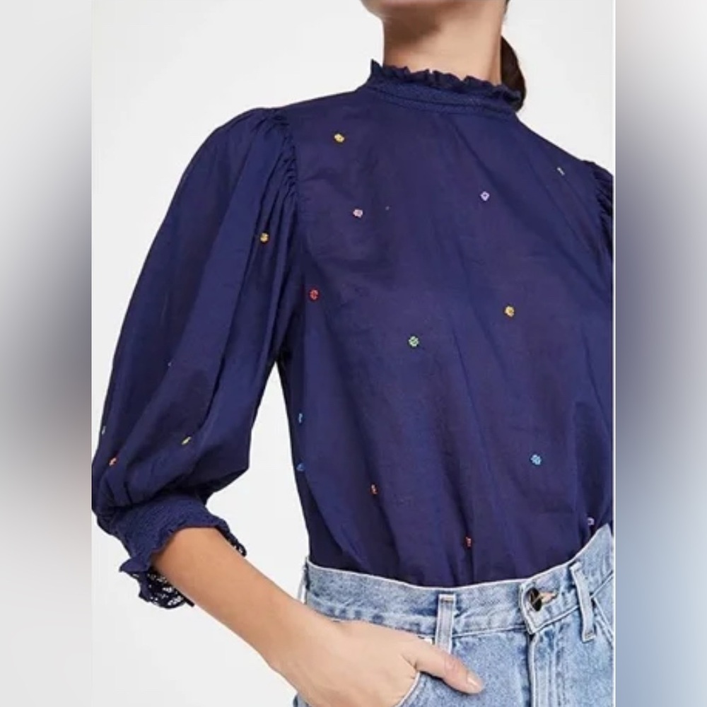 Farm Rio Embroidered Beaded Flowers Blouse With Puff Sleeves Women’s Size Lg - Picture 4 of 12